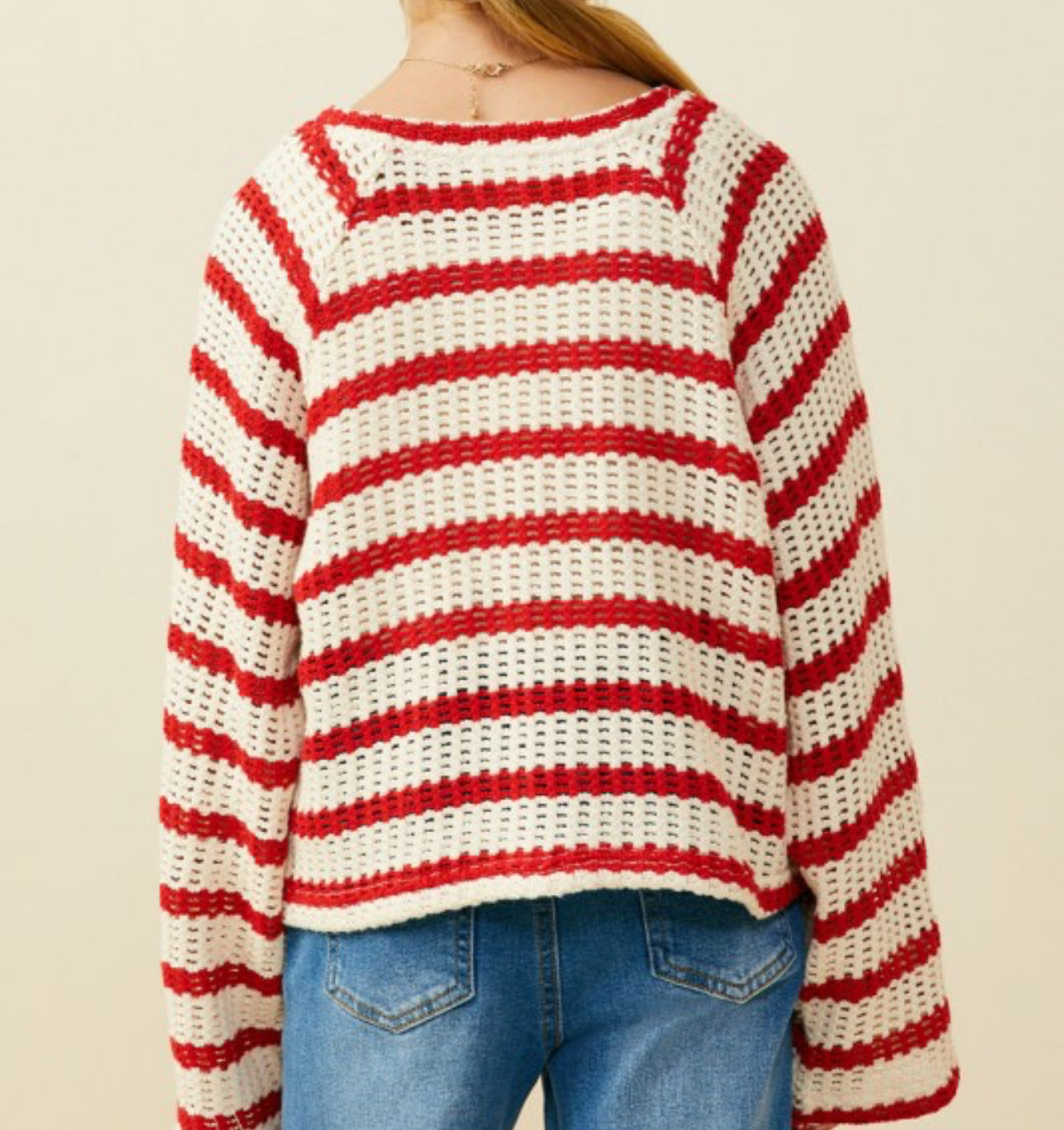 Girls Open Knit Striped Loose Neck Top