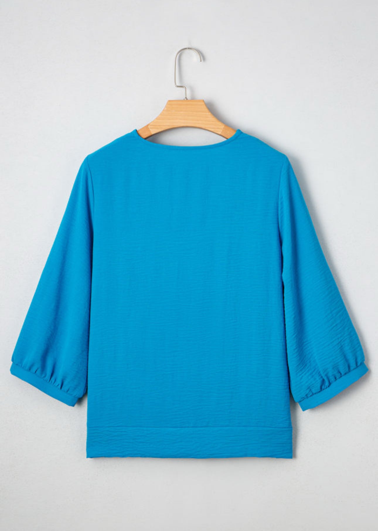 Sky Blue Frilled Neckline Bracelet Sleeve Crinkled Blouse