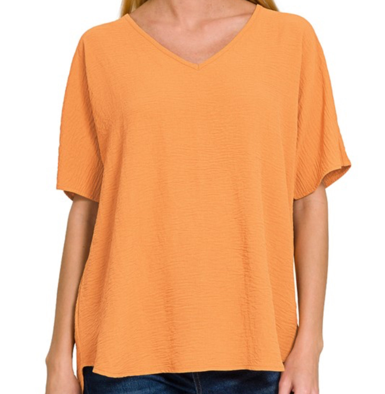 Zenana Woven Airflow Plus V Neck Short Sleeve Top