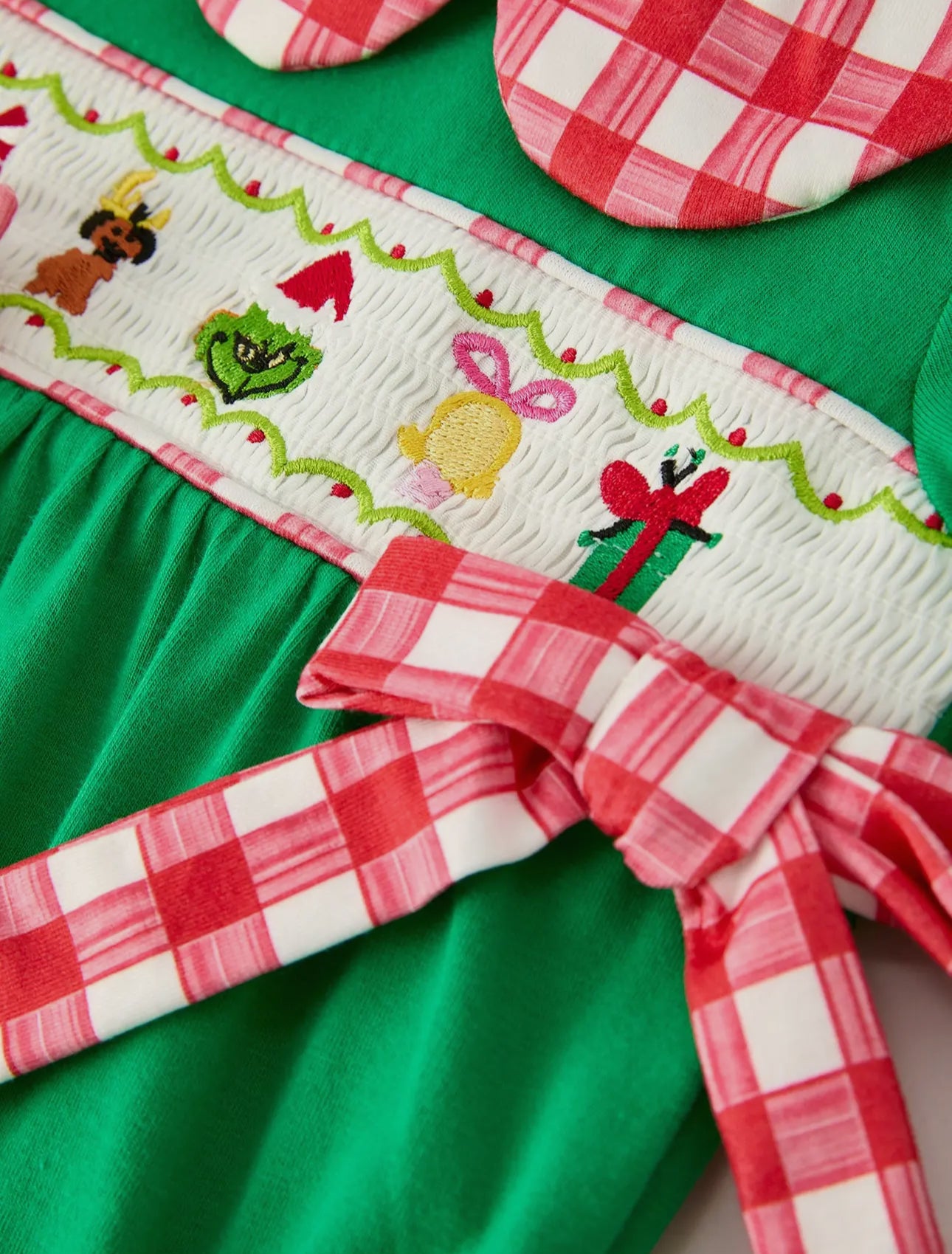 Christmas Character Candy Embroidered Green Romper