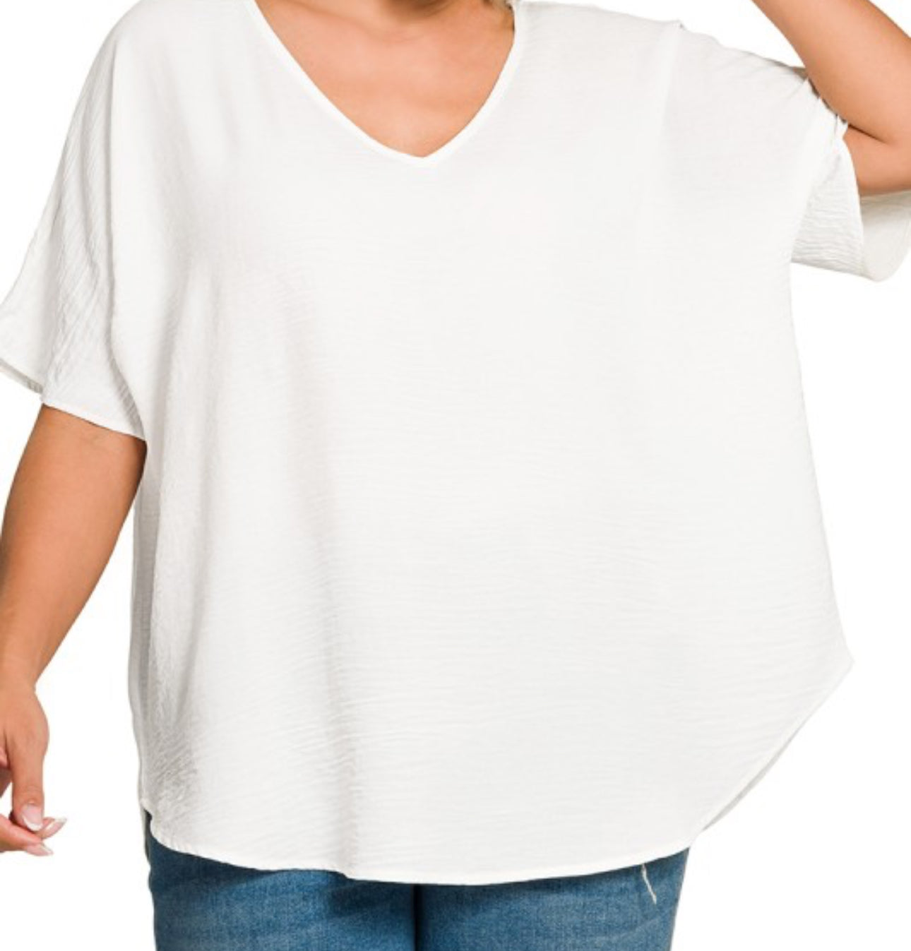 Zenana Woven Air Plus V Neck Short Sleeve Top