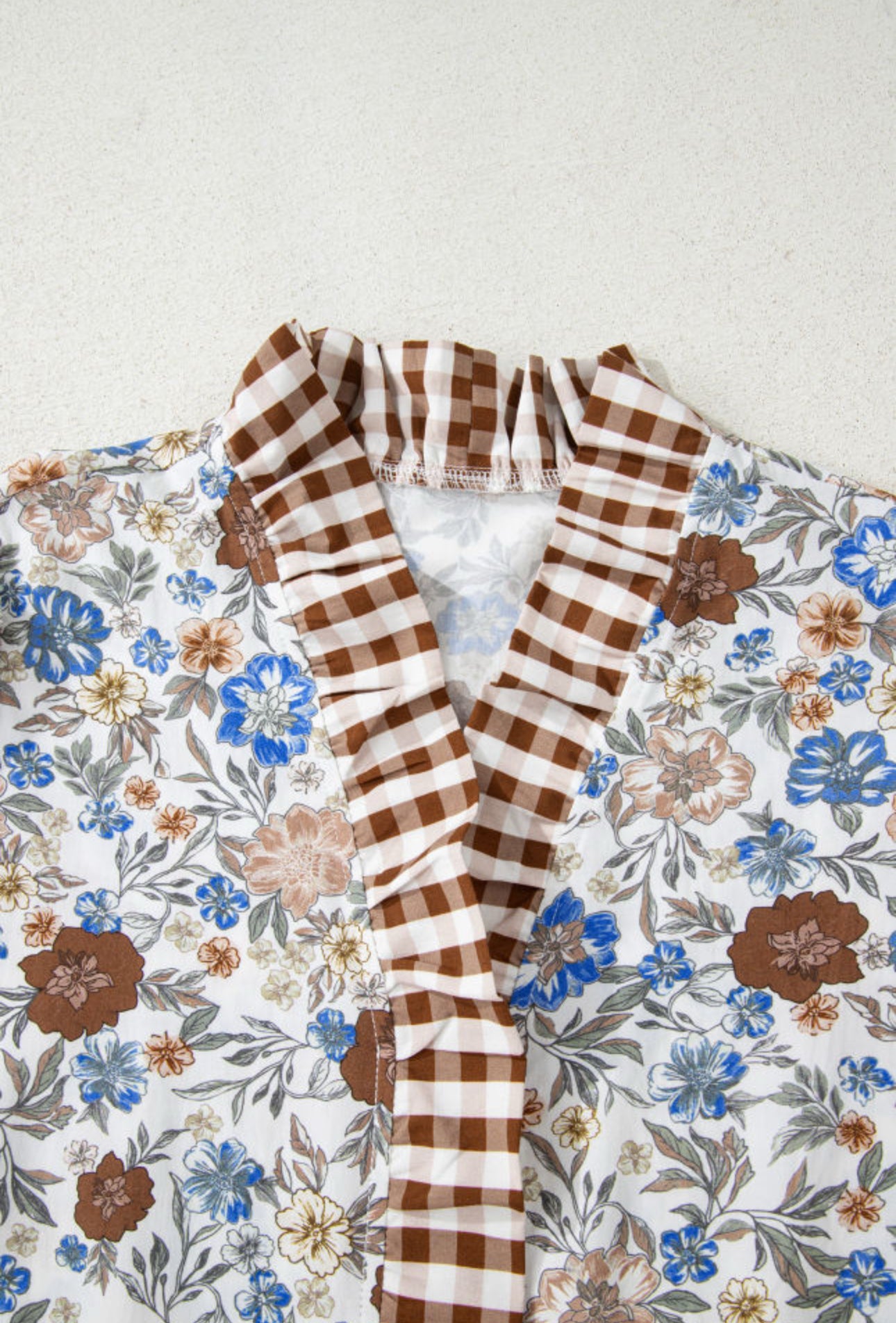 Brown Plaid Frilled V Neck Floral Blouse