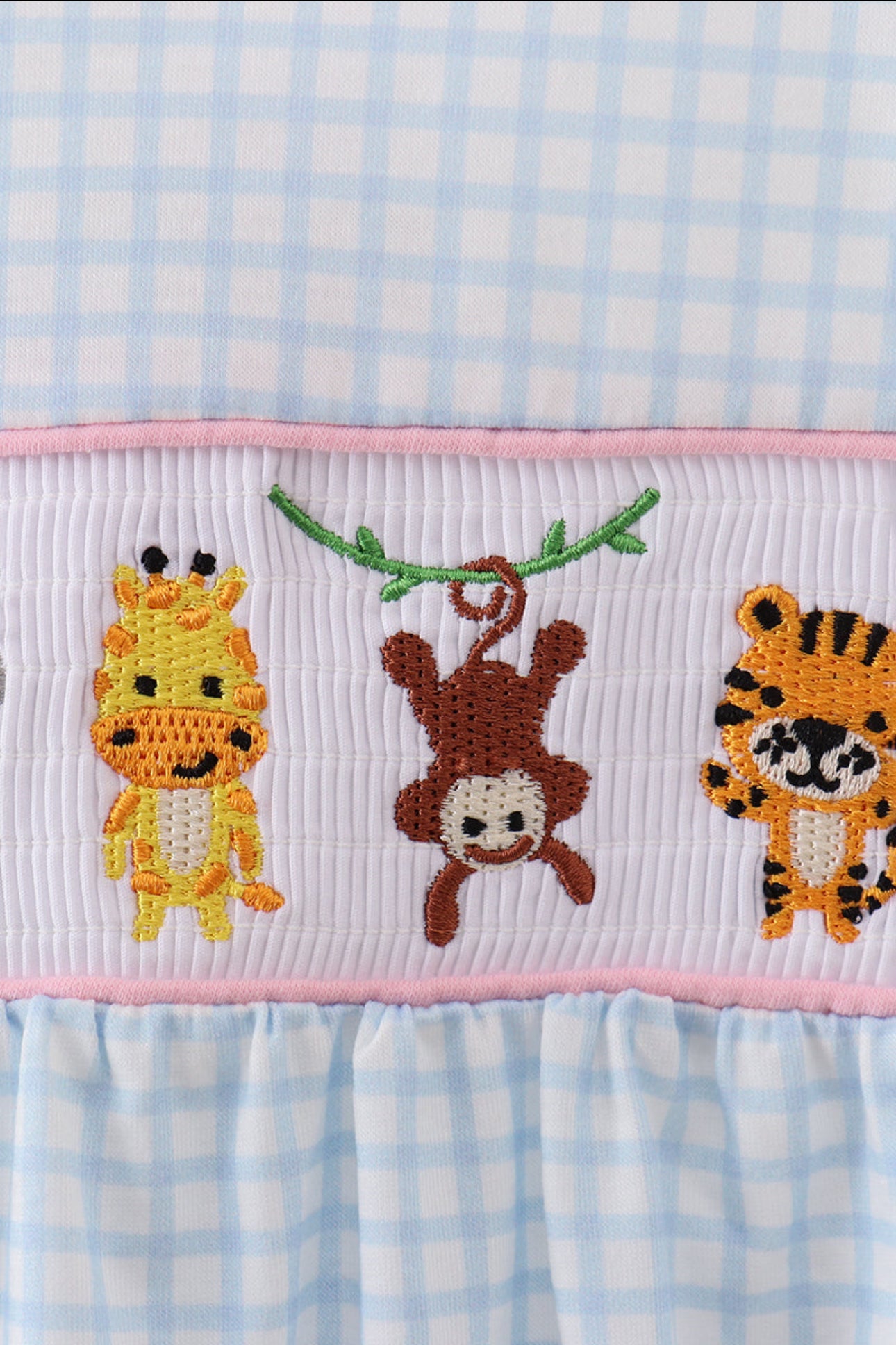 Blue Gingham w/Pink Animal Smocked Romper