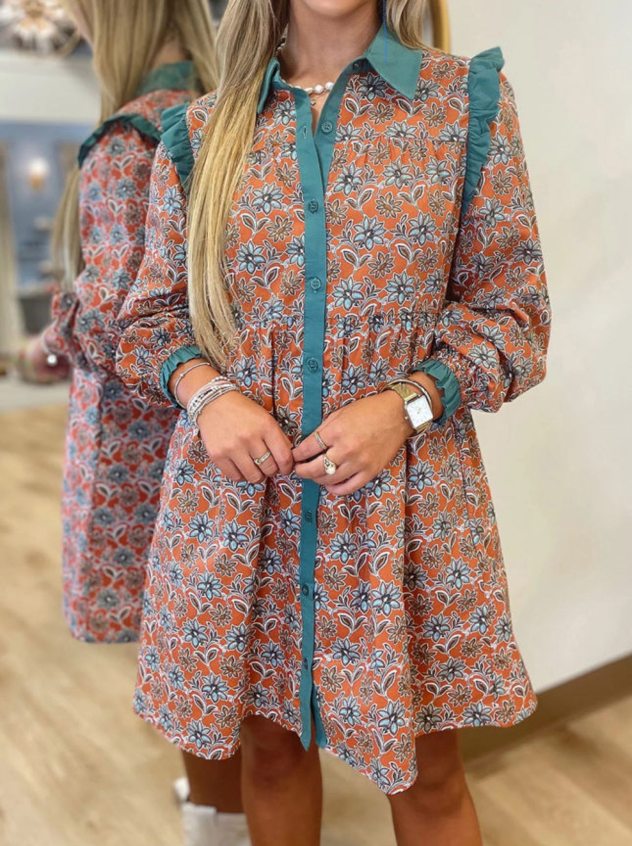 Orange Boho Floral Contrast Collard Dress