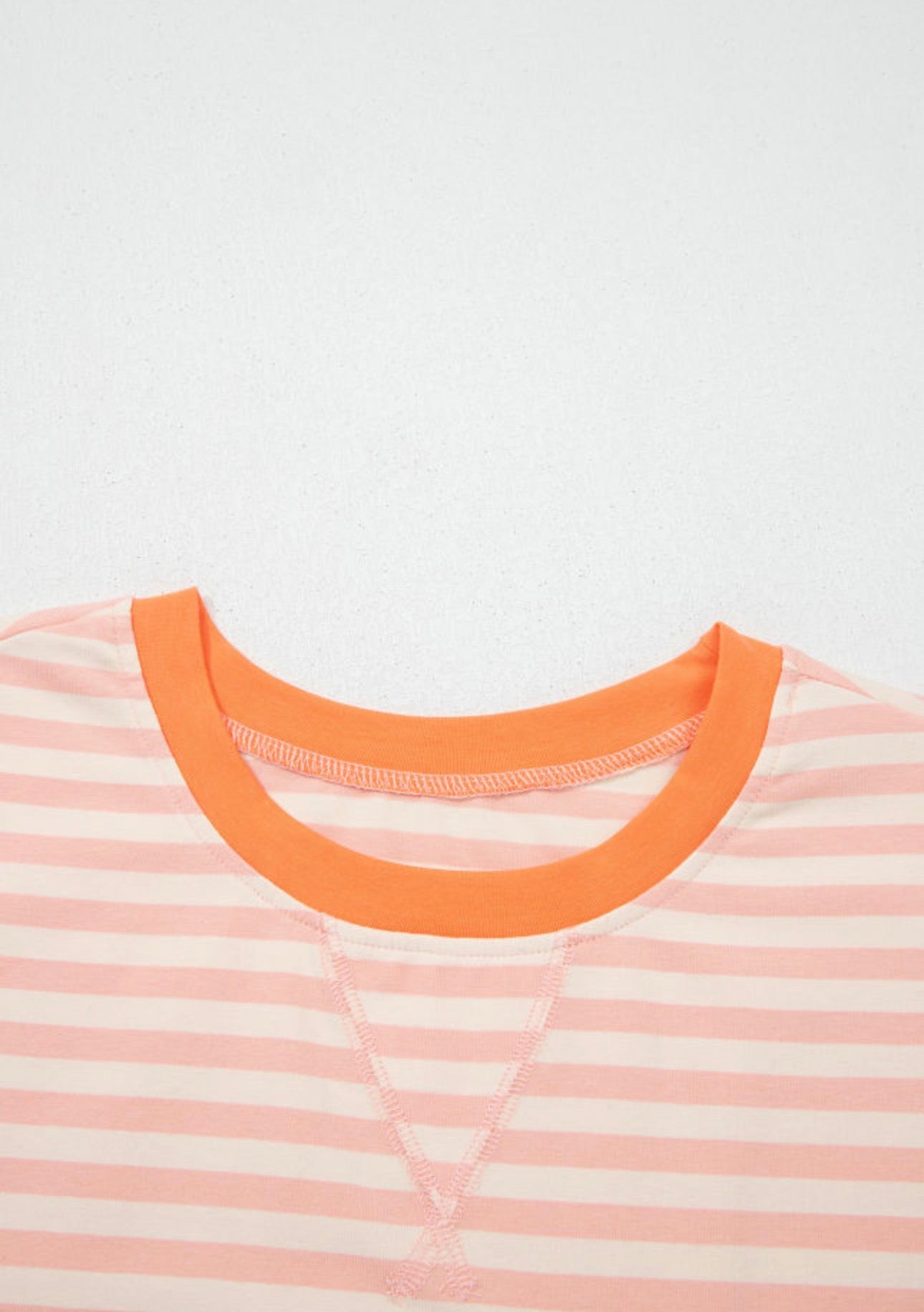 Pink Stripe Contrast Neck Loose Tee & Drawstring Short Set