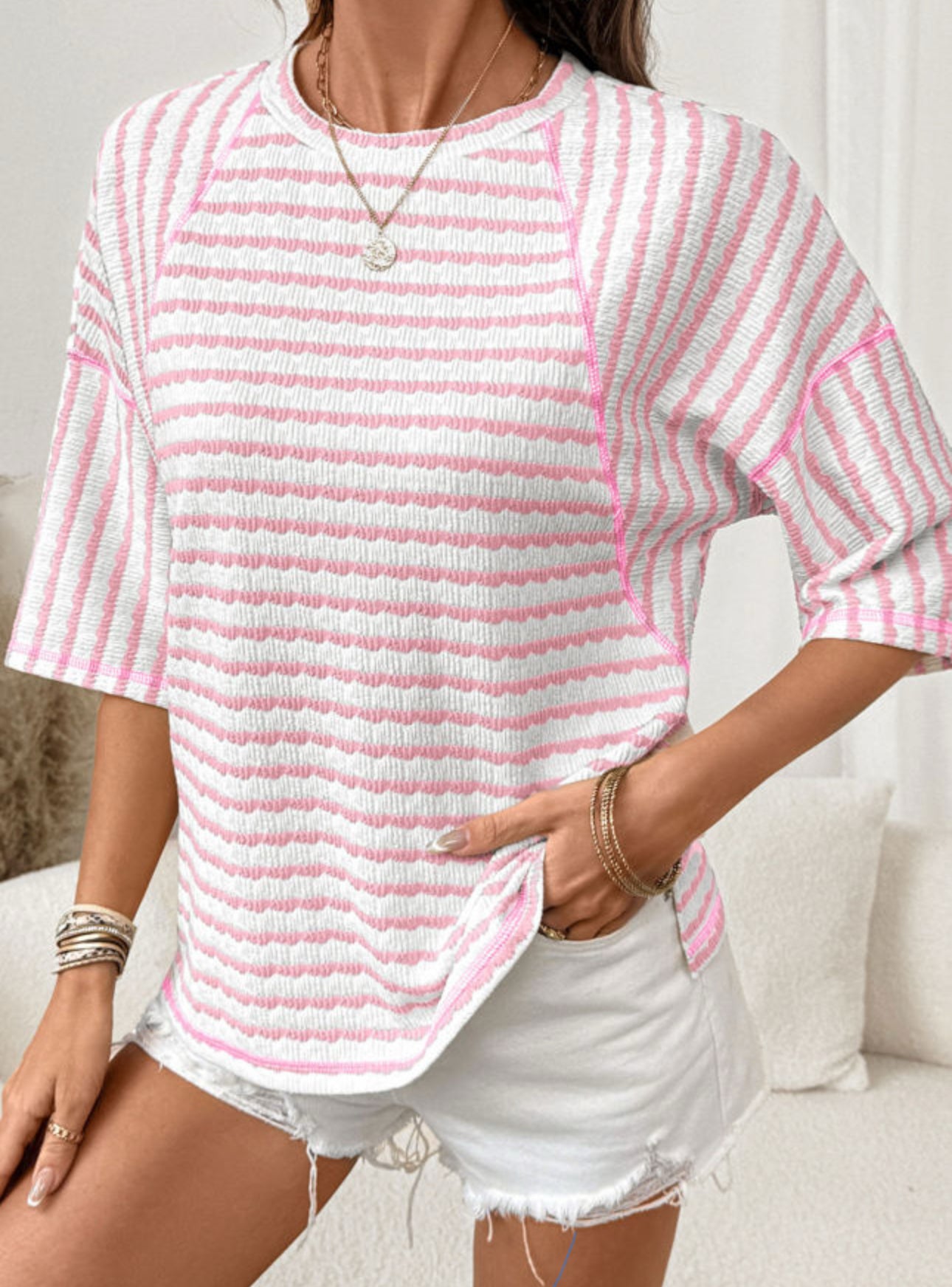 Pink Stripe Textured Knit Split Hem Top