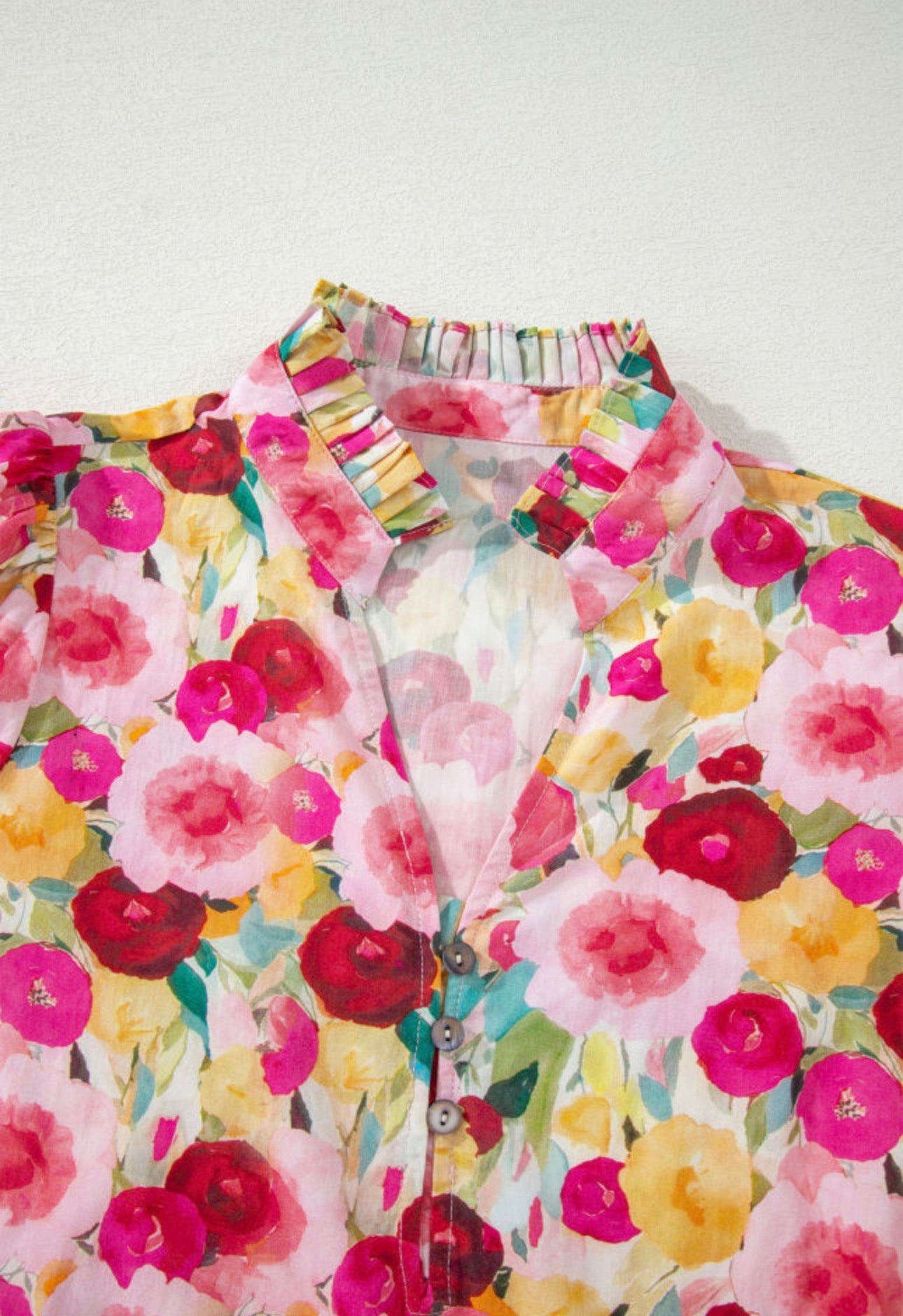 Pink Floral Frilled V Neck Puff Short Sleeve Blouse