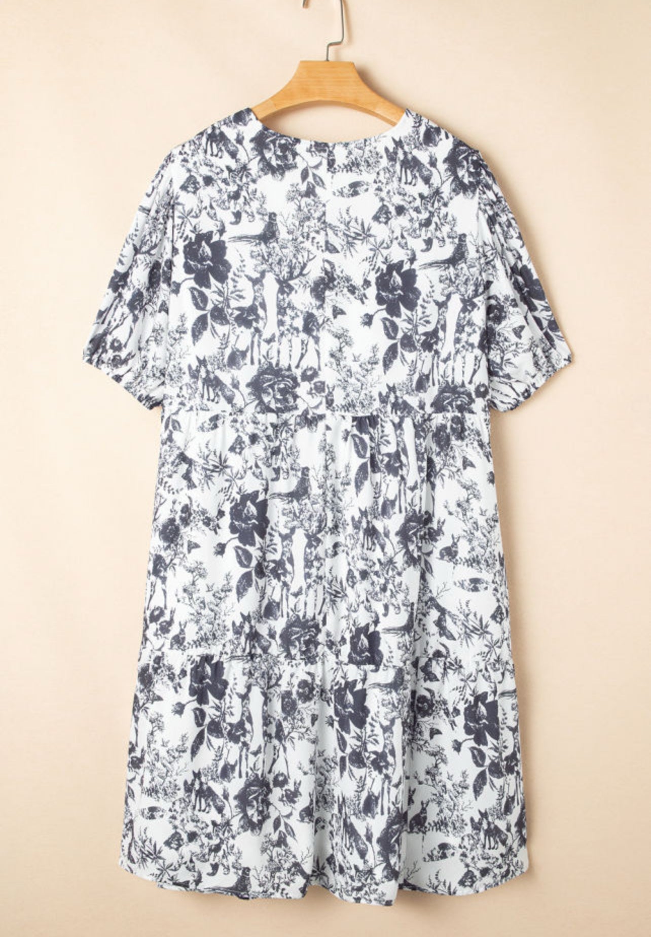 Black Floral Print Bow Dress With Puff Sleeves Plus Sized