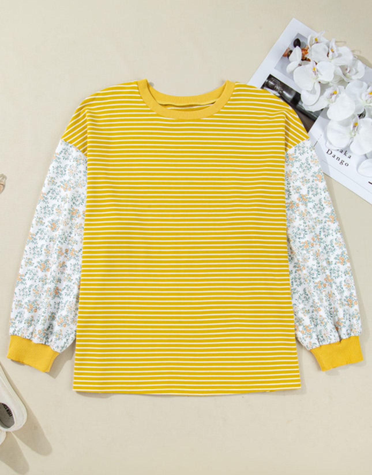 Plus Size Yellow Striped Floral Contrast Shirt