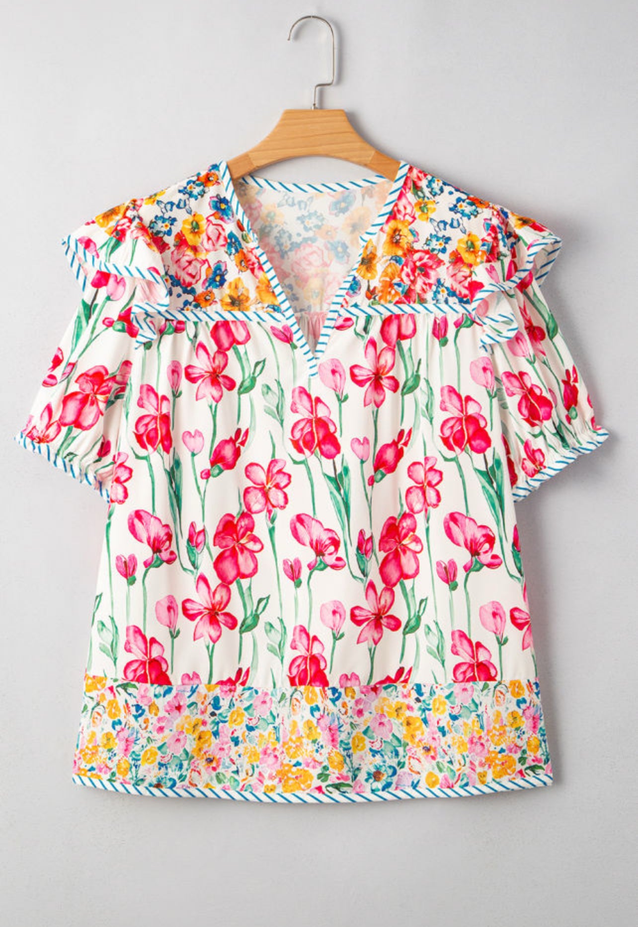 Plus Sized Floral Print Striped Trim V Neck Blouse