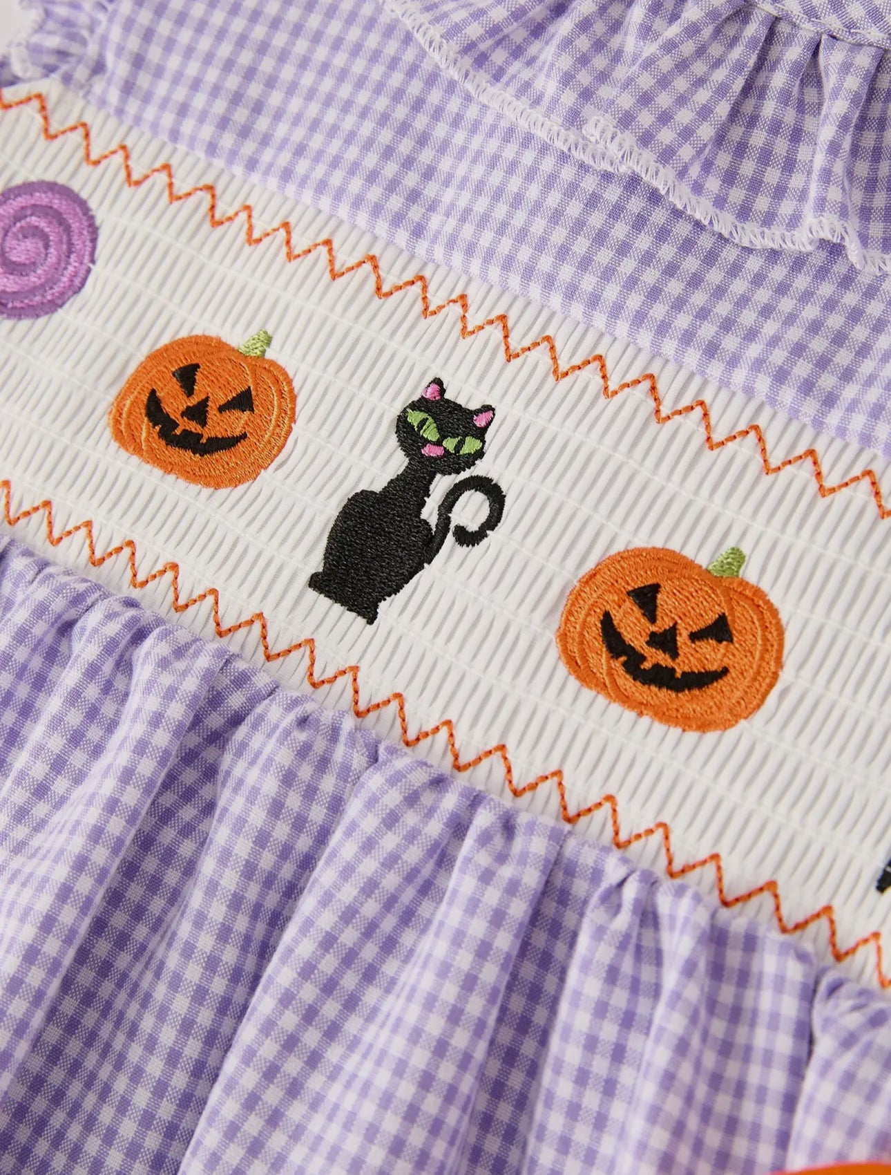 Halloween Purple Balloon Pumpkin Cat Smock Embroidery Dress