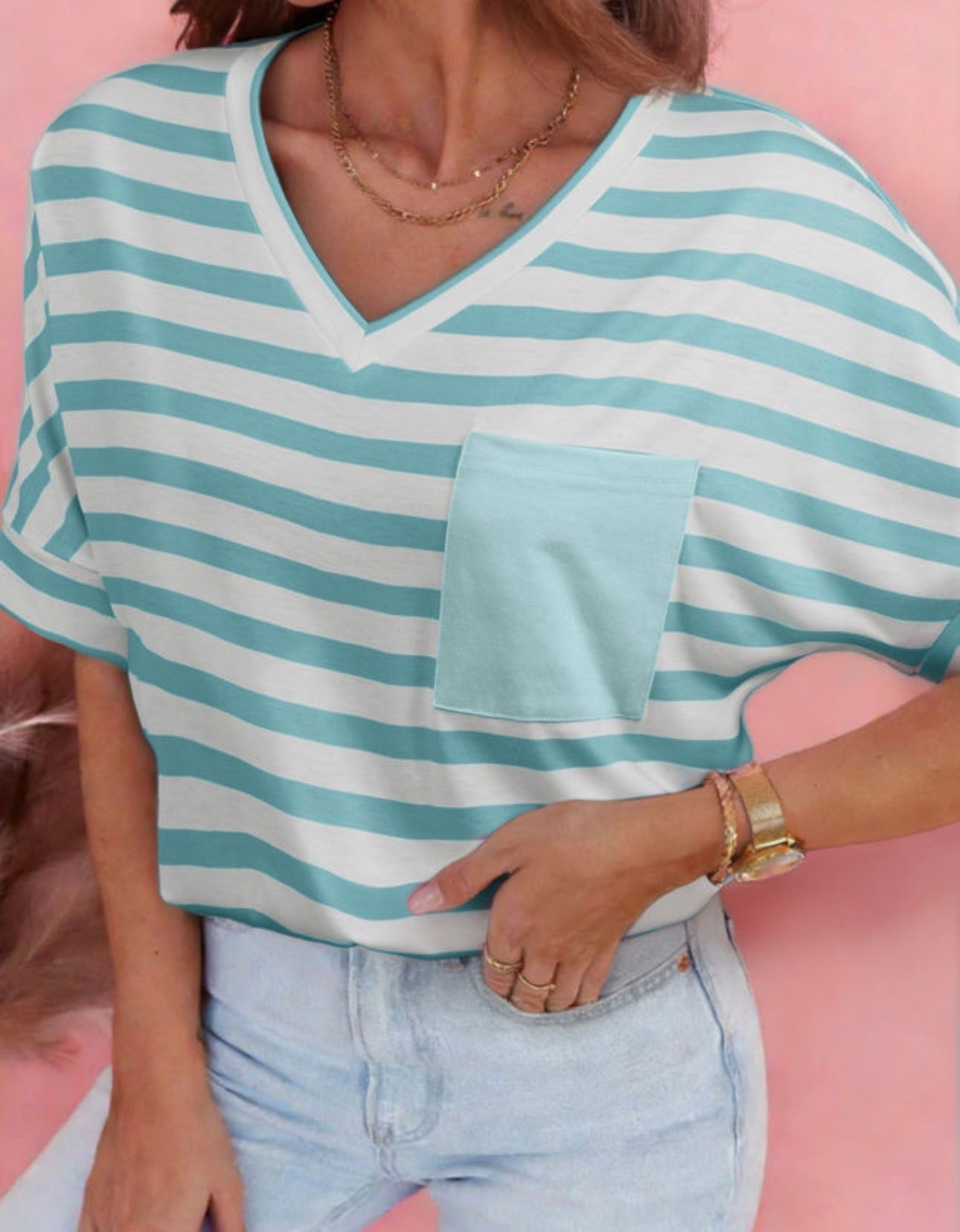 Blue Striped V Neck Patched Pocket Tee
