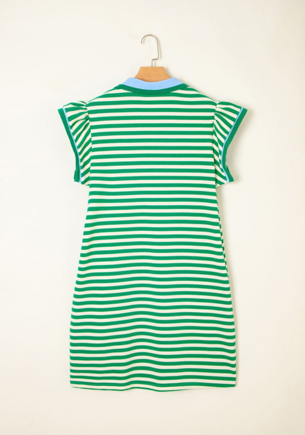 Green Stripe Contrast Collar Flutter Sleeve Dress