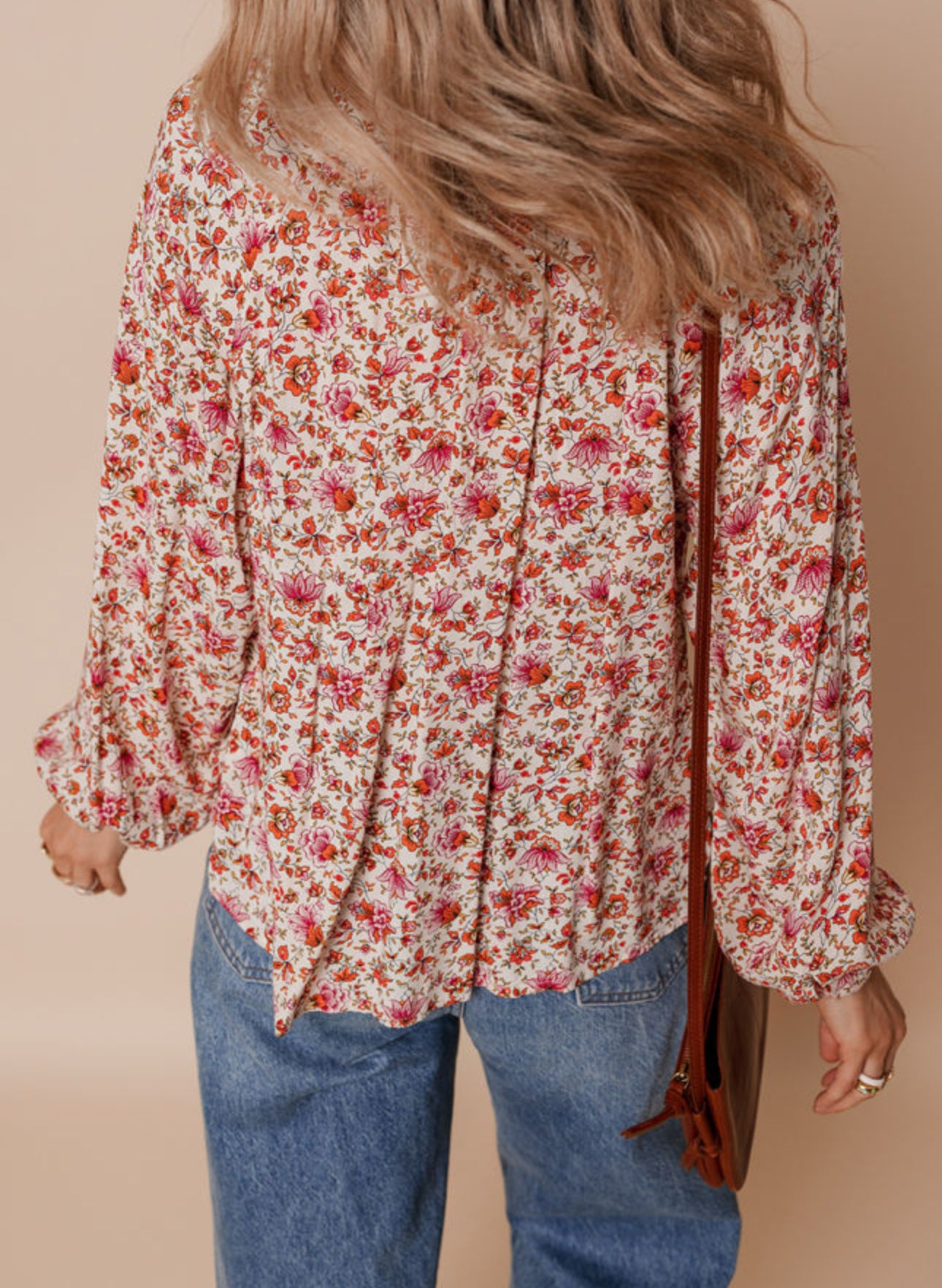 Red Floral Print Pleated Detail Notched Neck Puff Sleeve Blouse