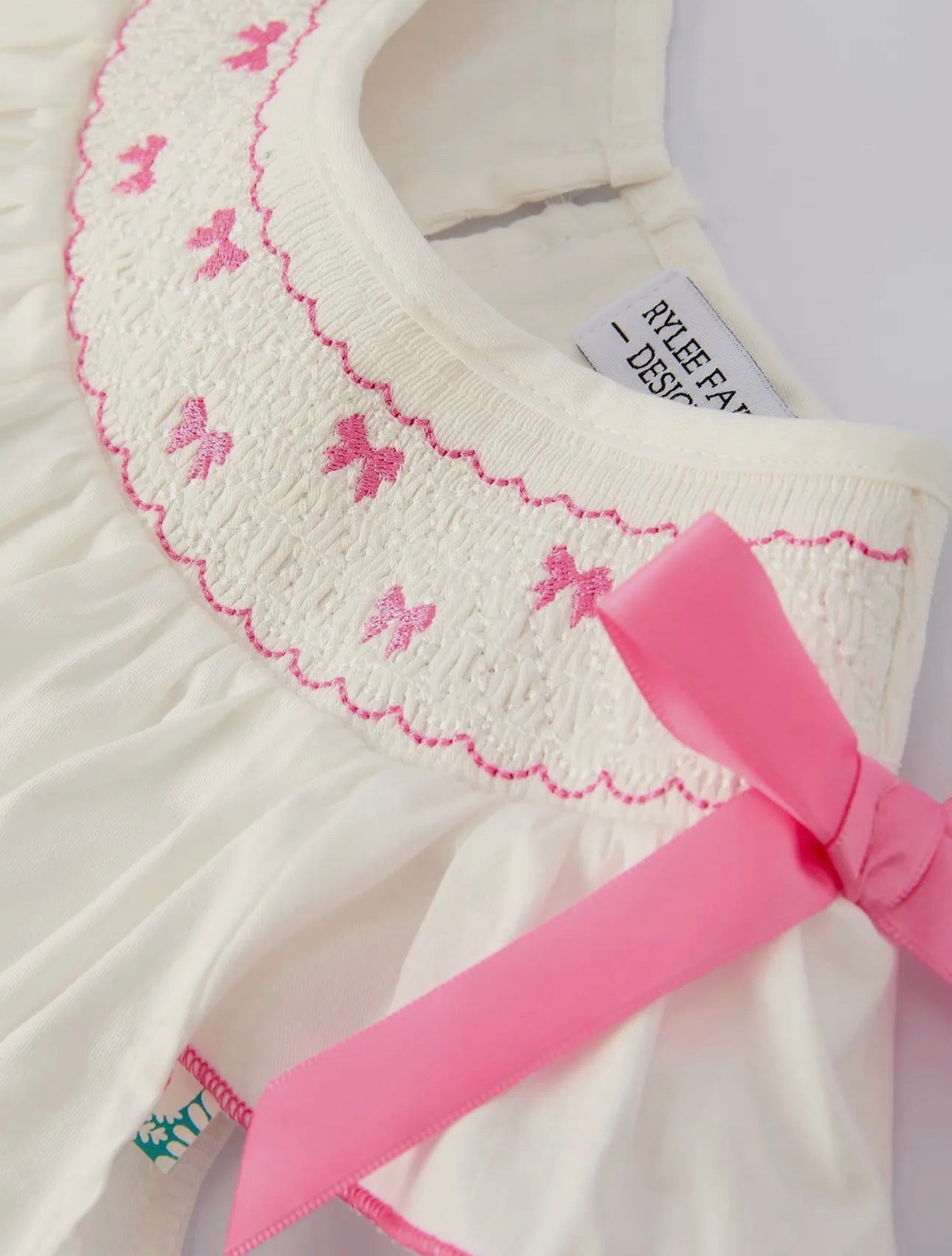 Girls White Dress with Pink Embroidery Bows