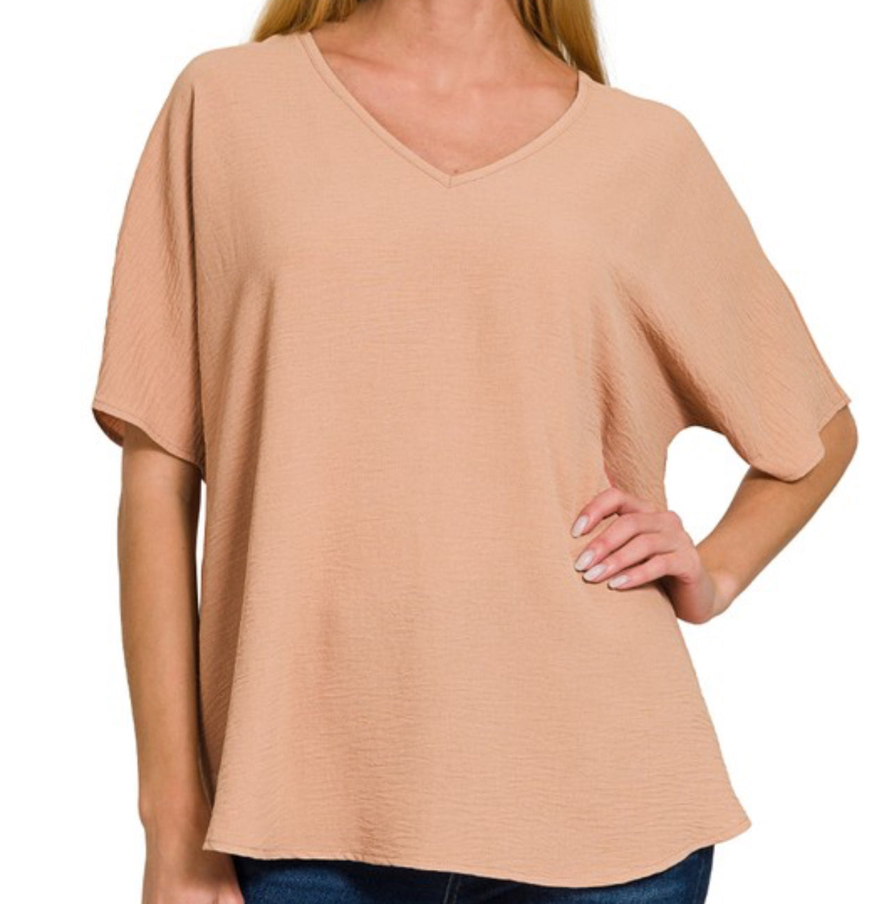 Zenana Woven V-Neck Short Sleeve Shirt