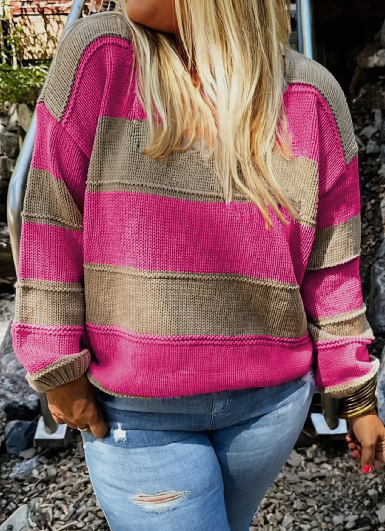 Plus Size Stripe ColorBlock Drop Shoulder Sweater
