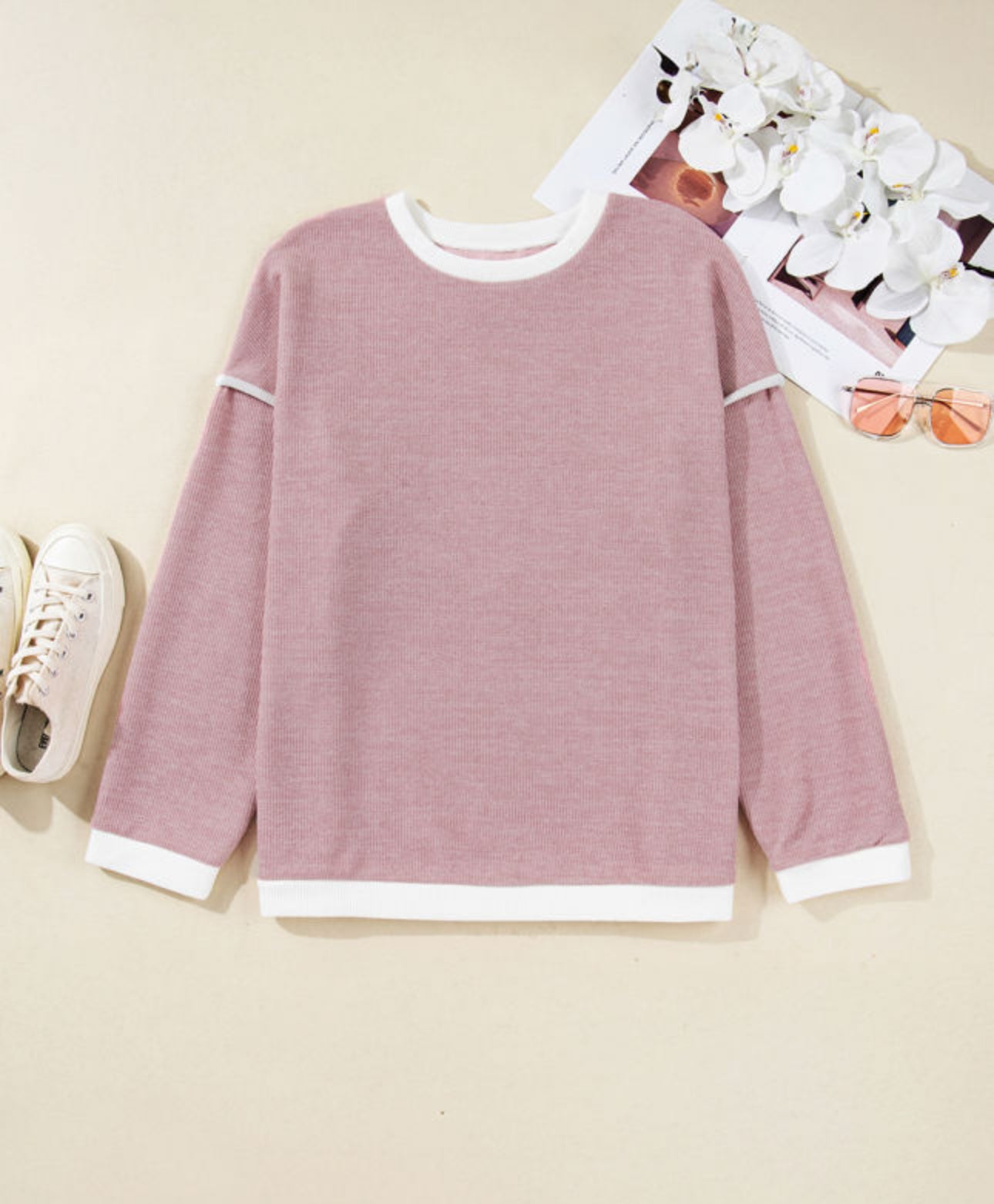 Light Pink Plus Size Contrast Trim Knitted Drop Shoulder Sweater
