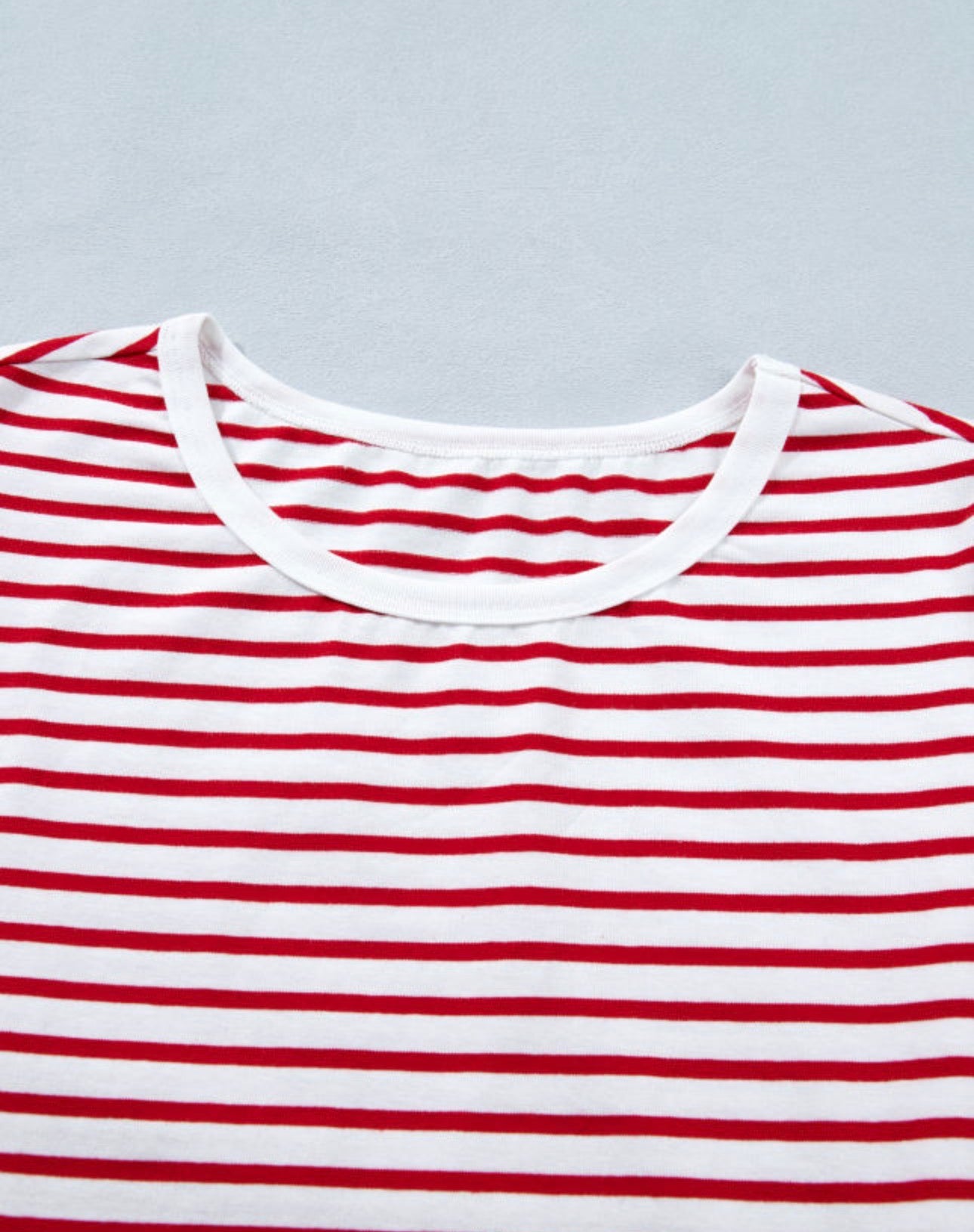 Red Striped Contrast Trim Round Neck Short Puff Sleeve Shirt
