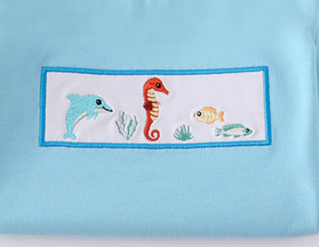 Blue embroidered marine life set
