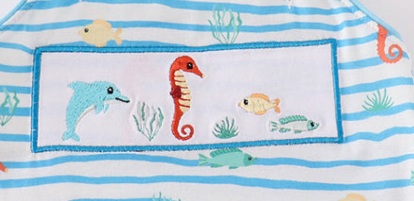 Blue embroidery marine life romper