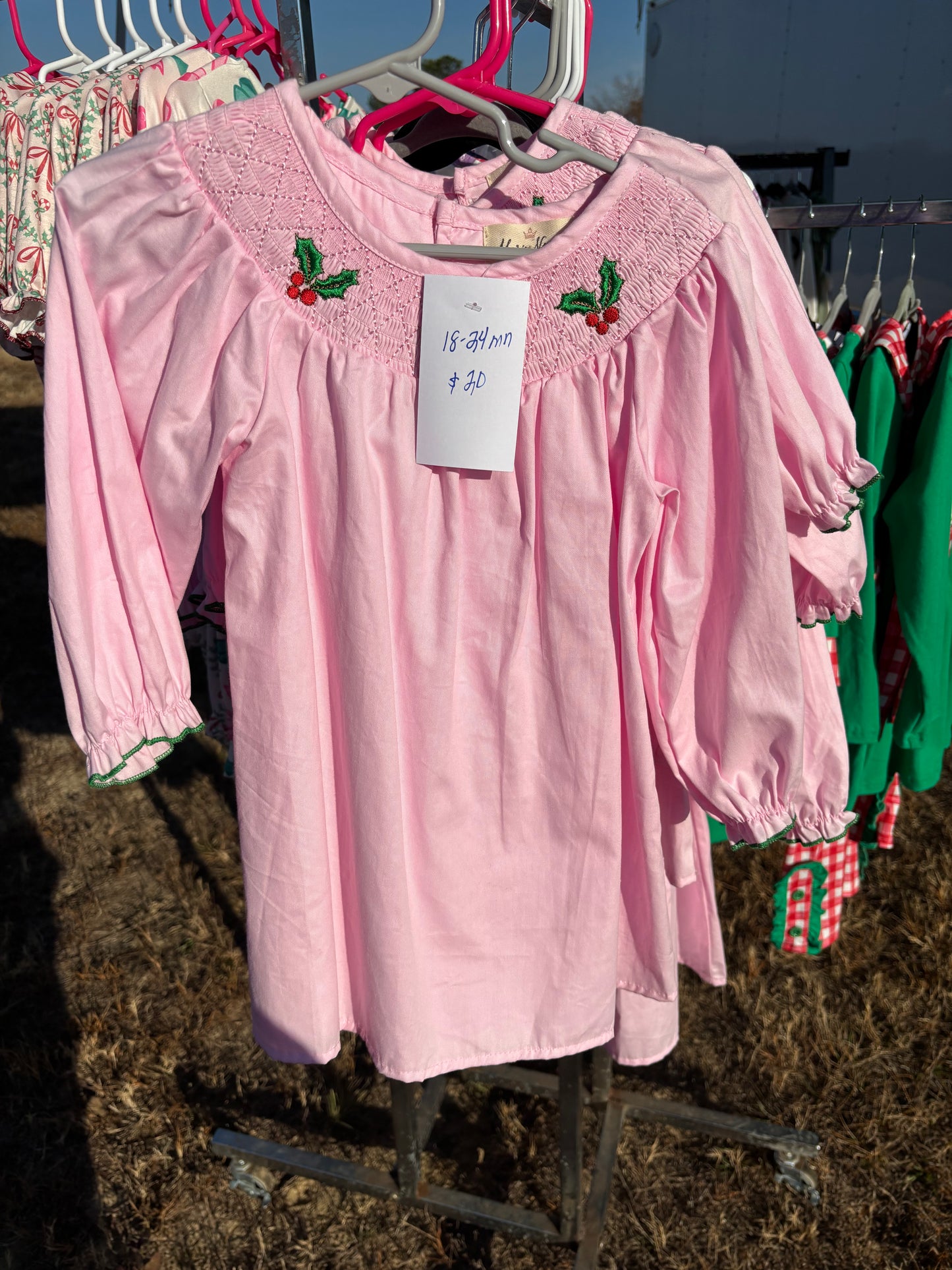 Smocked Holly Pink Christmas Dress