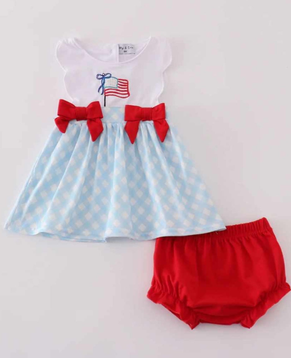 Blue and Red Embroidered Flag Romper