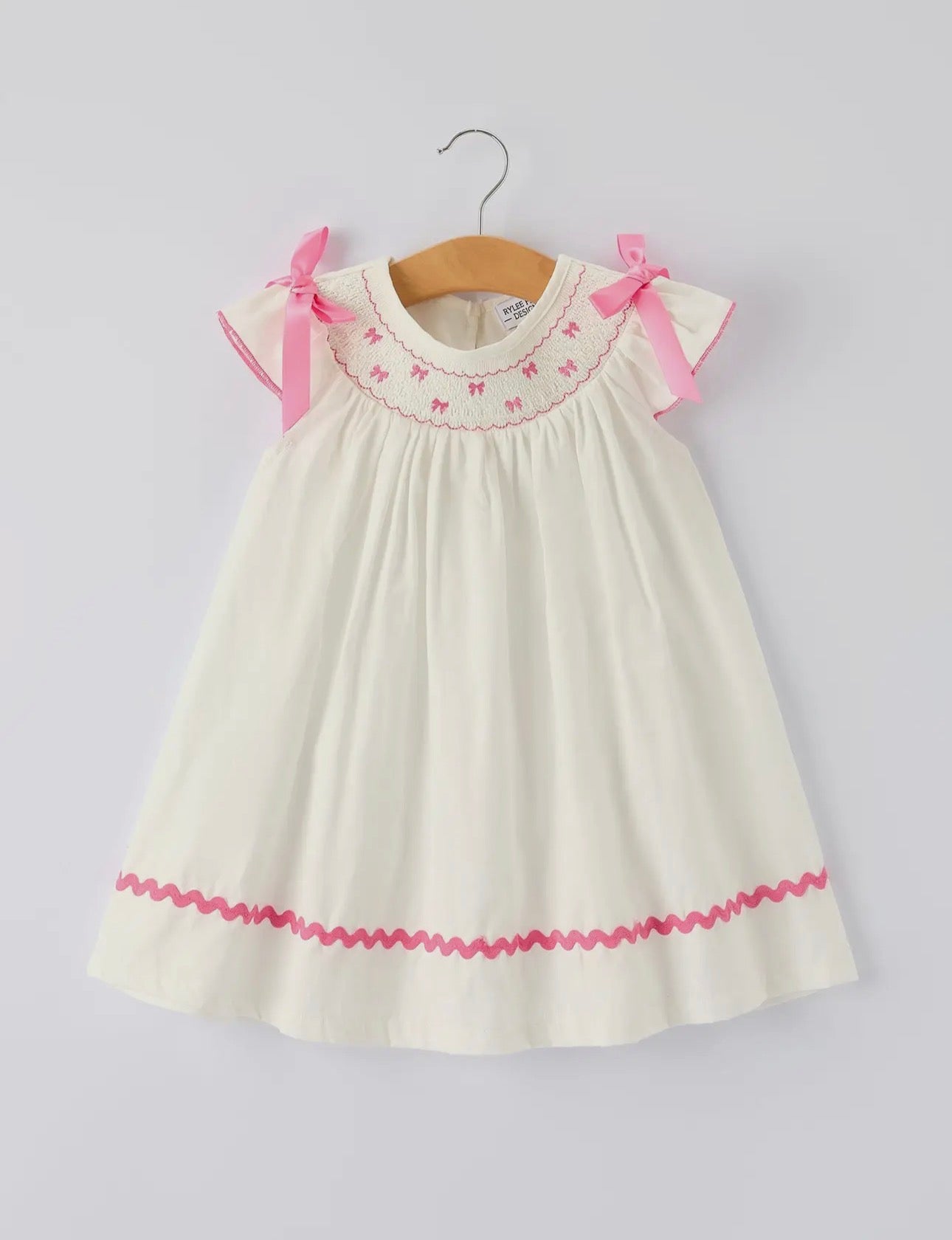 Girls White Dress with Pink Embroidery Bows