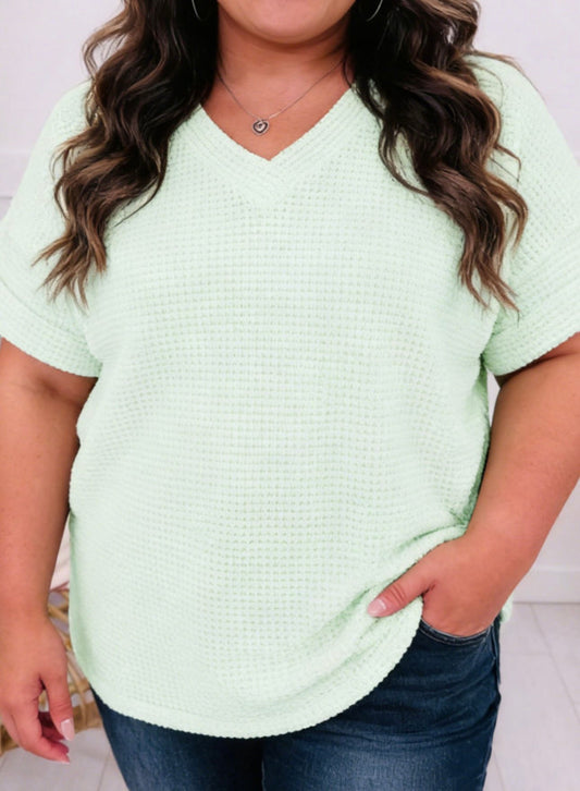 Clearly Aqua V Neck Short Sleeve Plus Sized Waffle Knit TShirt