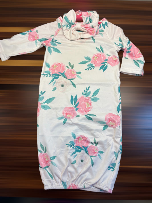 Pinky Pink Rose Baby Gown and Bow Headband