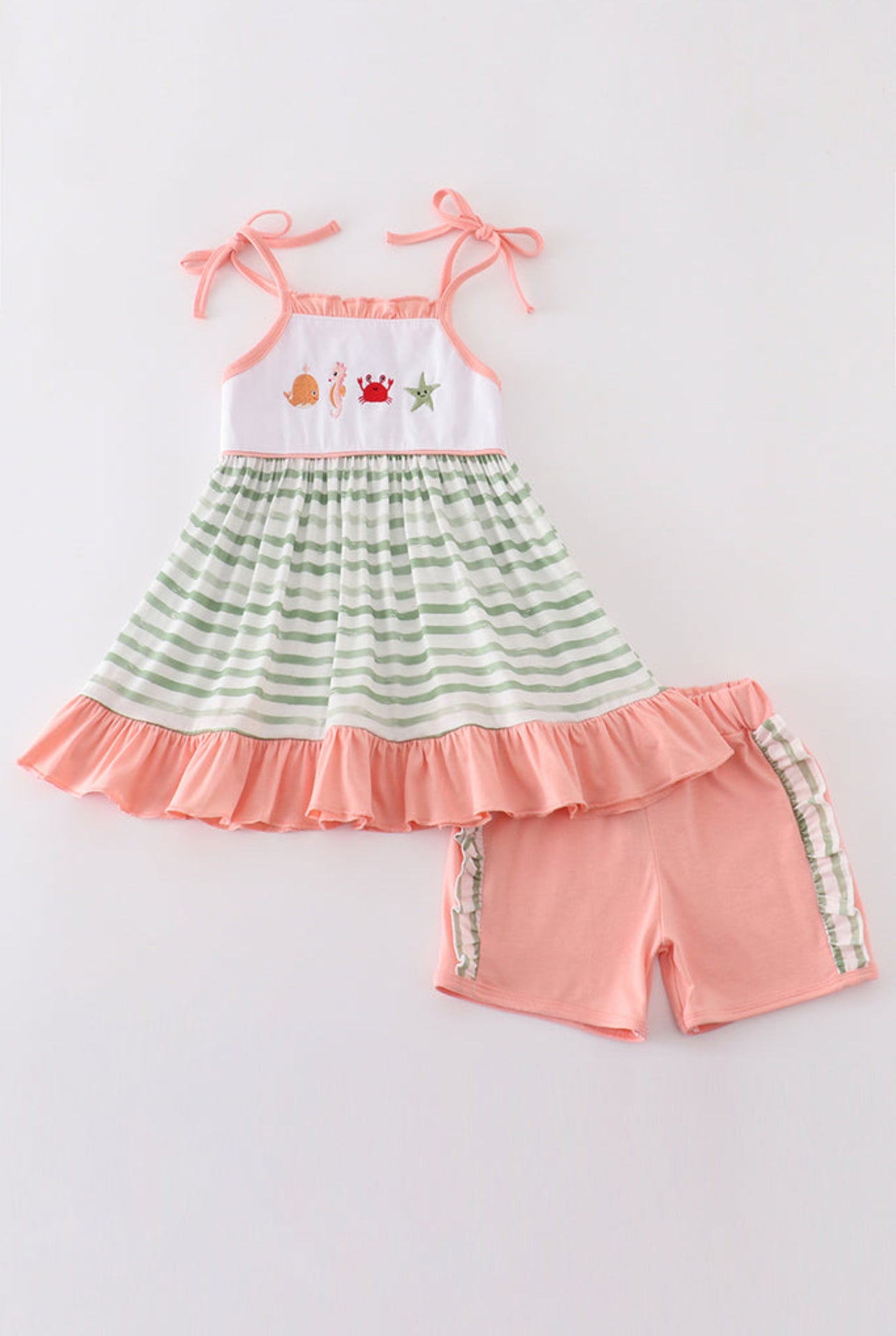 Green striped embroidered marine life set