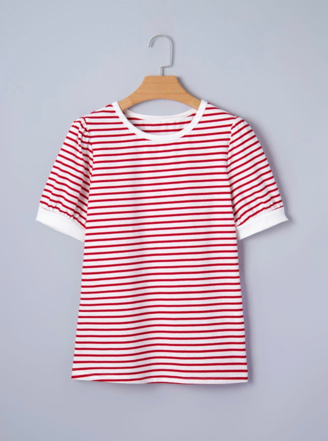Red Striped Contrast Trim Round Neck Short Puff Sleeve Shirt