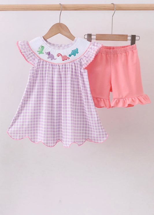 Purple Dino Smocked Gingham Ruffle Short Set