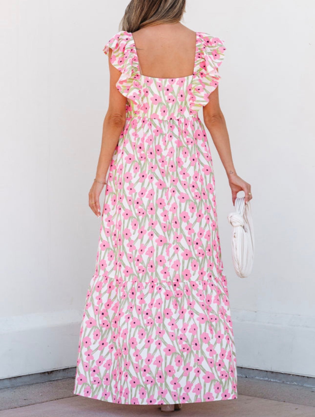Pink Floral Print Square Neck Ruffled Sundress