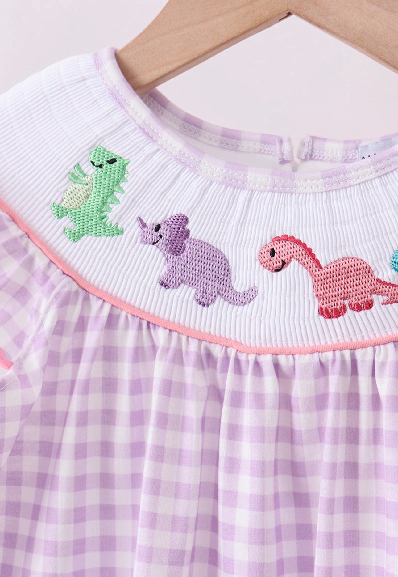 Purple Dino Smocked Gingham Ruffle Short Set