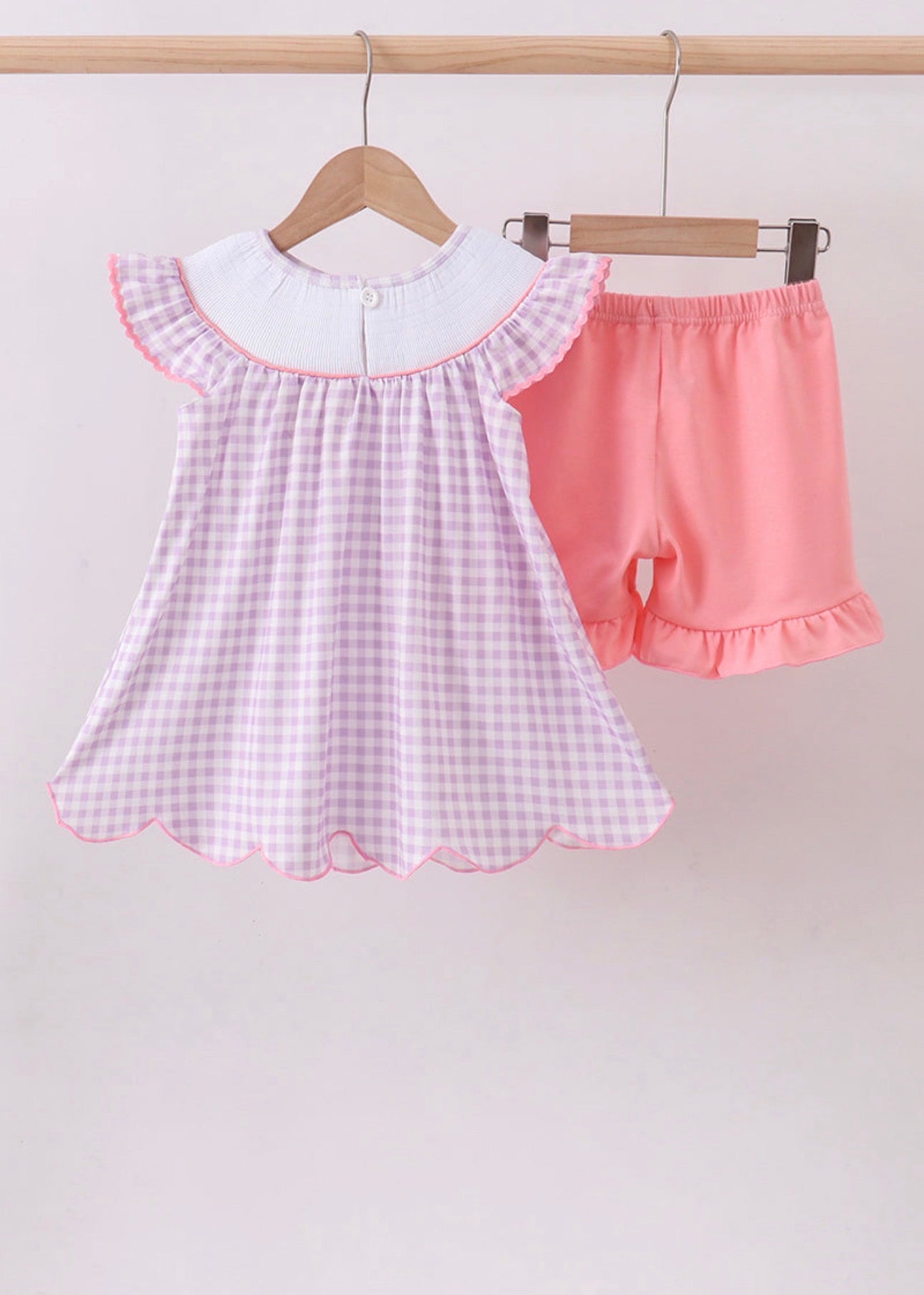 Purple Dino Smocked Gingham Ruffle Short Set