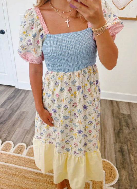 Multicolor Floral Print Striped Color Block Patchwork Long Dress