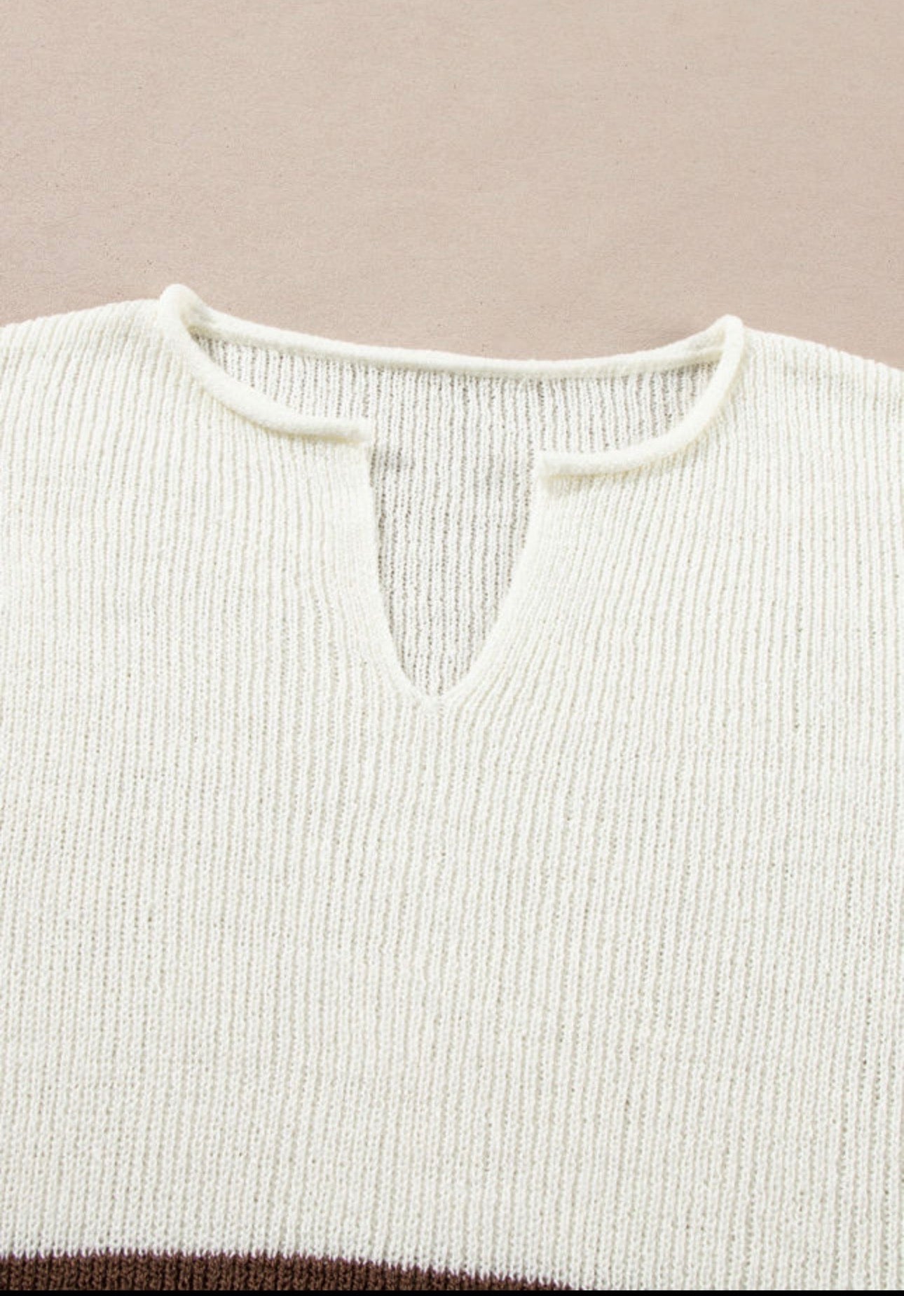 Brown Striped Accent Notched VNeck Cropped Sweater