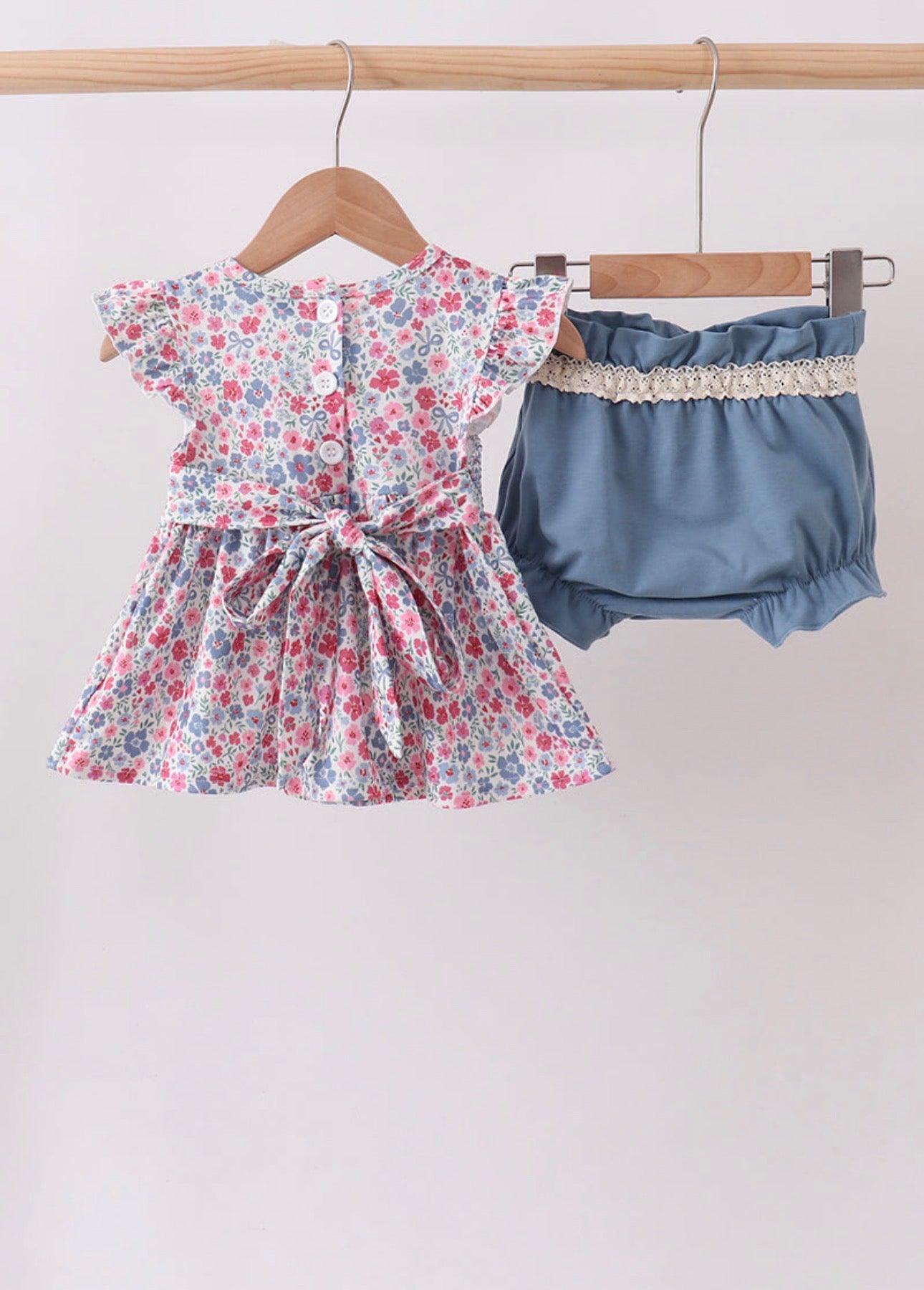 Blue Floral Smocked Ruffle Bloomer Set