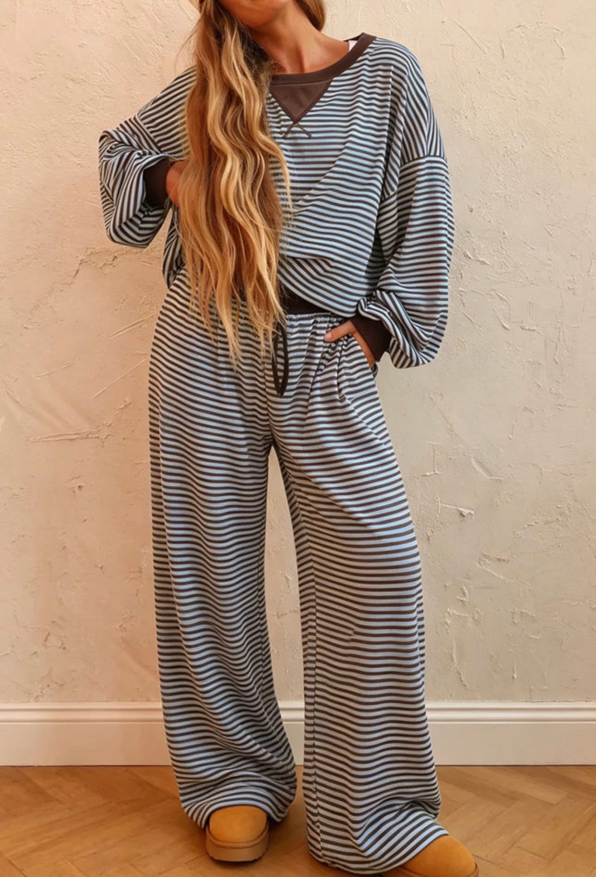 Brown Striped Dropped Shoulder Pant Set