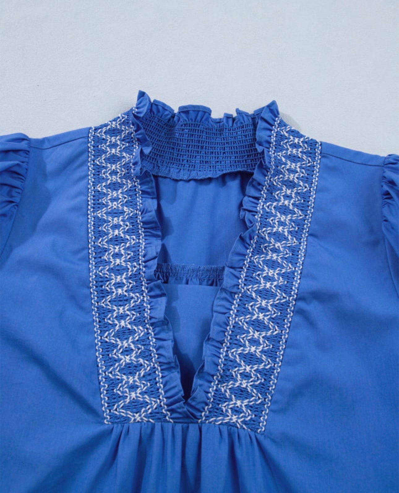 Sky Blue Embroidered Smocked Detail V Neck Short Puff Sleeve Mini Dress