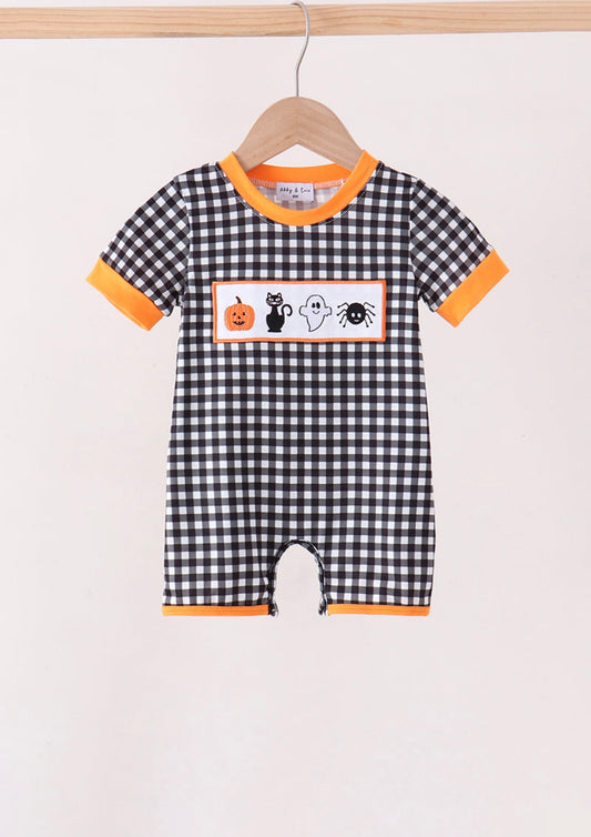 Black Gingham Ghost Spider Embroidered Romper