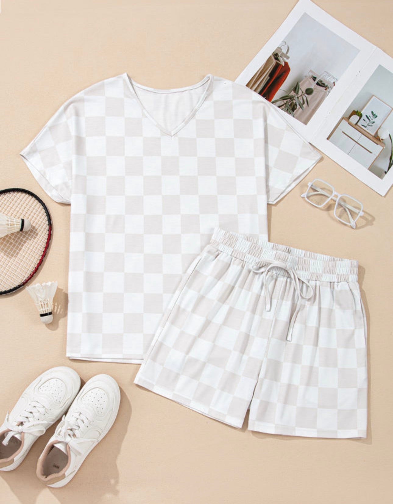 Beige Checkered V Neck Tee Drawstring Short Set