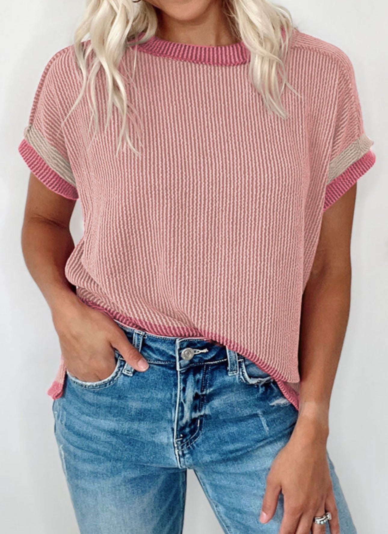 Light Pink Textured Contrast Trim Round Neck TShirt