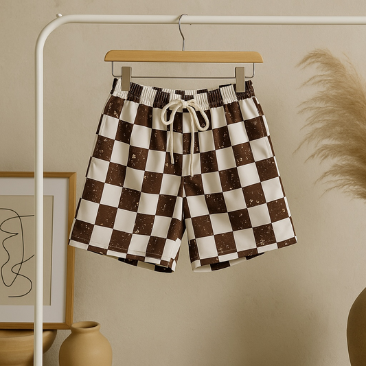 Brown checkered swim trunks