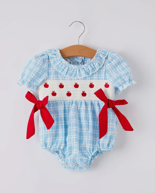 Apple Embroidery Plaid Romper