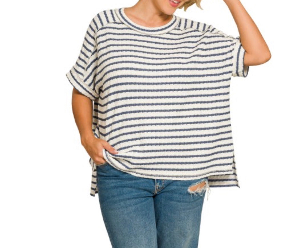 Zenana Striped Short Sleeve Hi-Low Tee