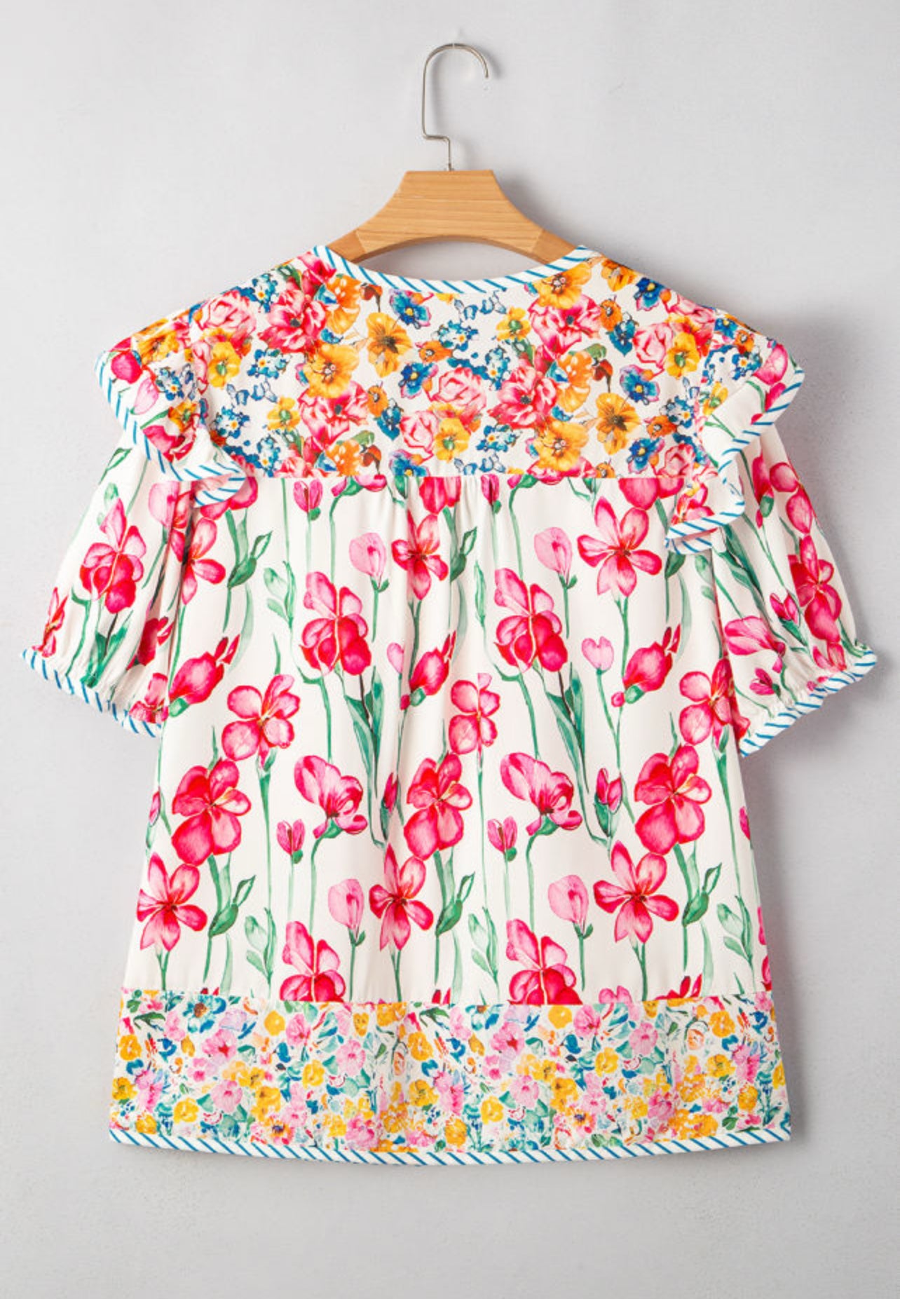 Plus Sized Floral Print Striped Trim V Neck Blouse