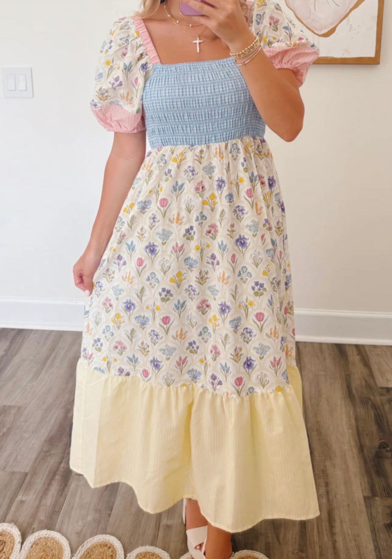 Multicolor Floral Print Striped Color Block Patchwork Long Dress
