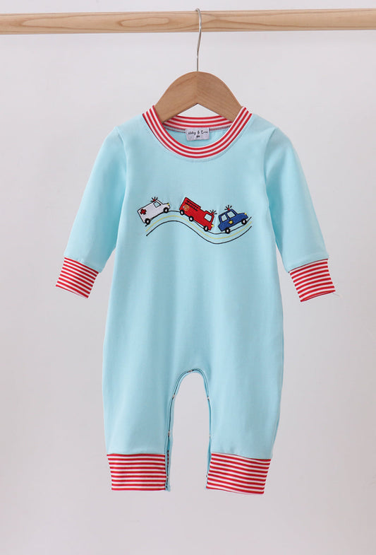 Blue First Responders Vehicle Embroidered Romper